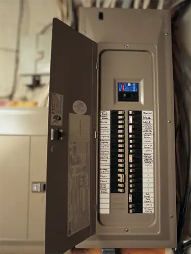 Open residential electrical panel with labeled breakers for lighting, HVAC, and appliances